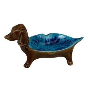 Vintage? Dachshund Weiner Dog Ceramic Ashtray Soap Dish Catch All Brown Blue